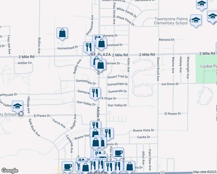 map of restaurants, bars, coffee shops, grocery stores, and more near 5915 Adobe Road in Twentynine Palms