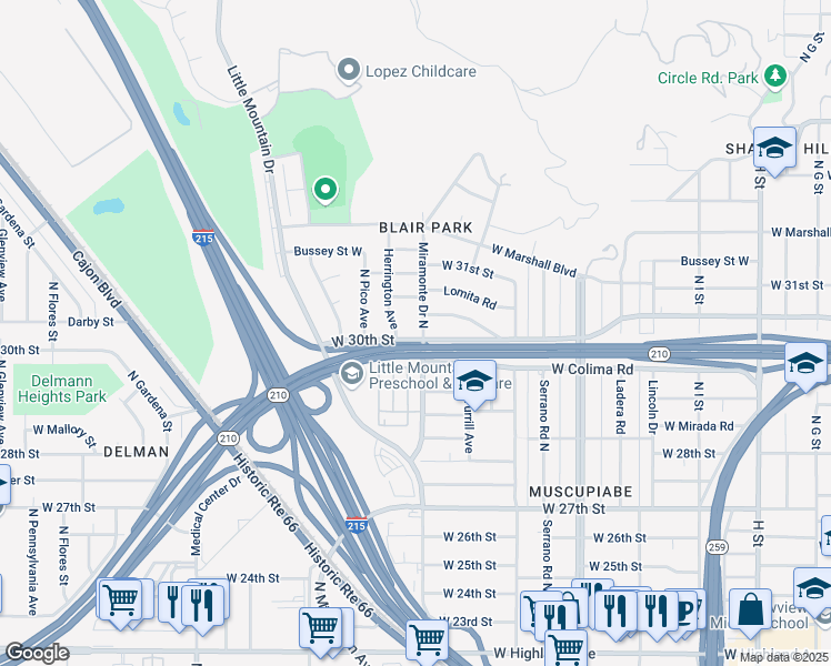 map of restaurants, bars, coffee shops, grocery stores, and more near 1290 West 30th Street in San Bernardino
