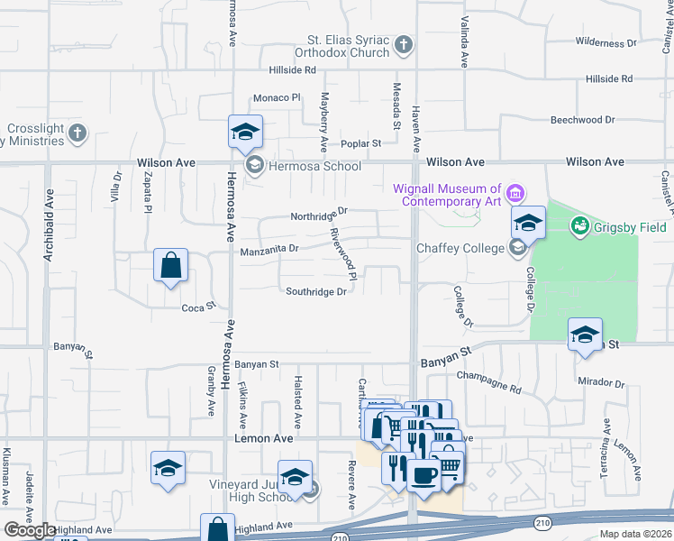 map of restaurants, bars, coffee shops, grocery stores, and more near 10355 Charwood Court in Rancho Cucamonga