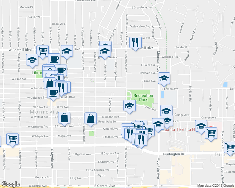 map of restaurants, bars, coffee shops, grocery stores, and more near 622 East Colorado Boulevard in Monrovia