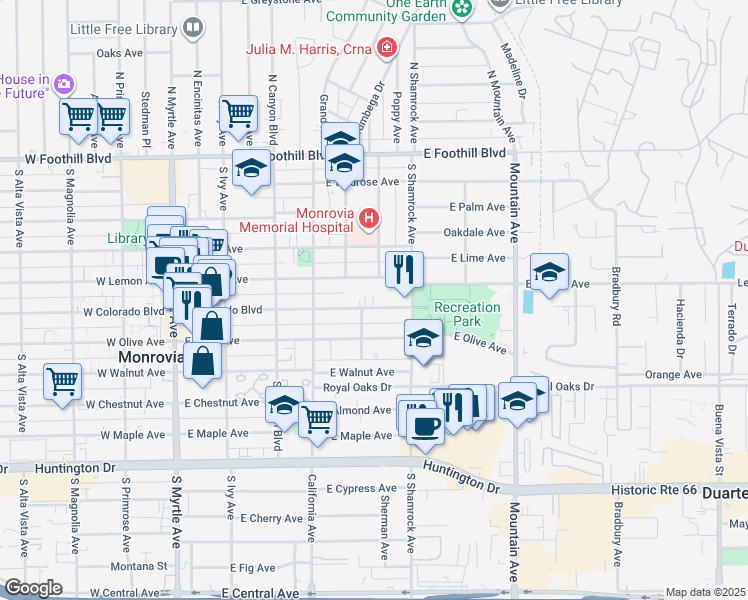 map of restaurants, bars, coffee shops, grocery stores, and more near 519 East Colorado Boulevard in Monrovia
