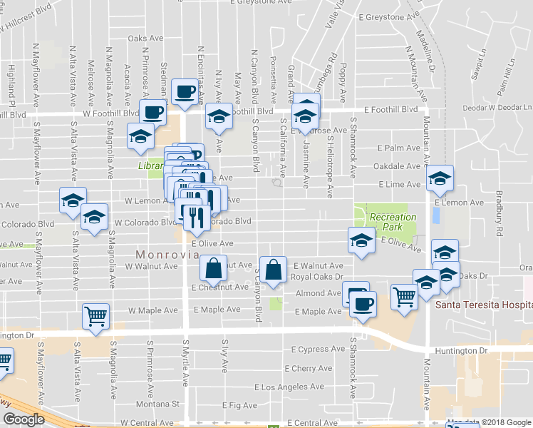 map of restaurants, bars, coffee shops, grocery stores, and more near 315 East Colorado Boulevard in Monrovia