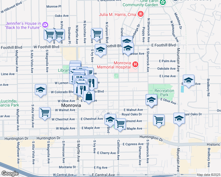 map of restaurants, bars, coffee shops, grocery stores, and more near 315 East Colorado Boulevard in Monrovia