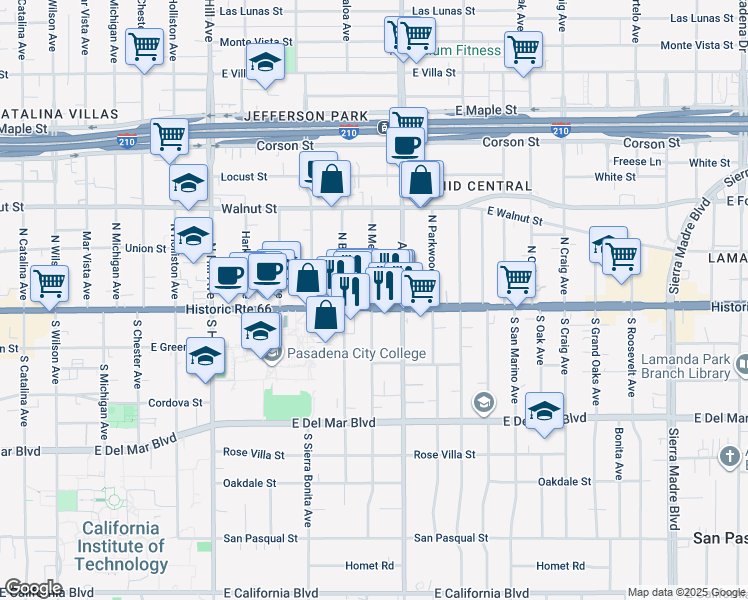 map of restaurants, bars, coffee shops, grocery stores, and more near 1735 West Historic Route 66 in Pasadena