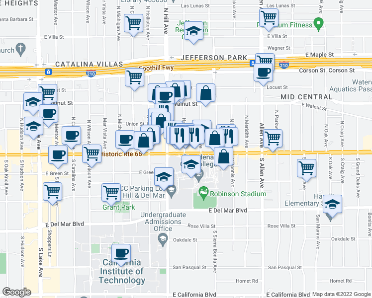 map of restaurants, bars, coffee shops, grocery stores, and more near 1491 East Colorado Boulevard in Pasadena
