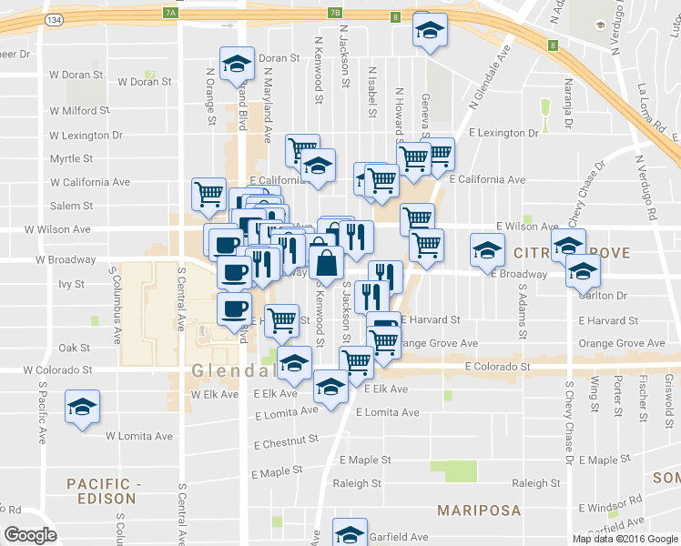 map of restaurants, bars, coffee shops, grocery stores, and more near 402 East Broadway in Glendale