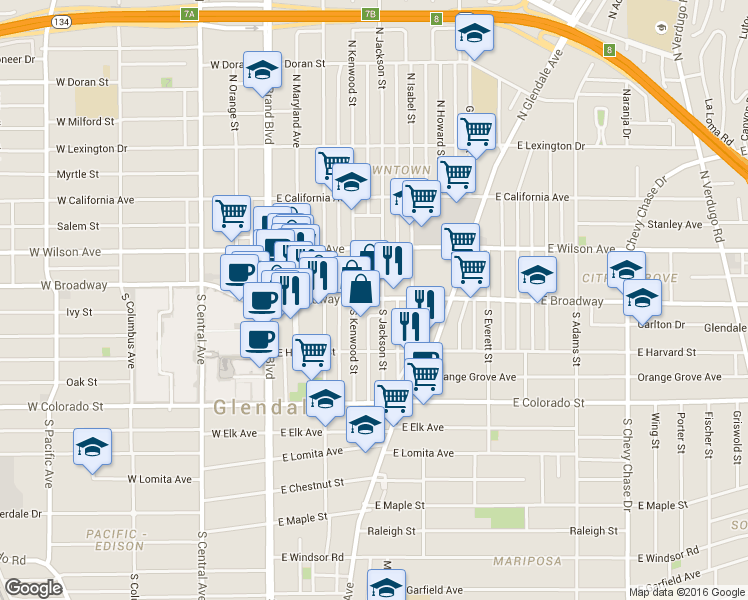 map of restaurants, bars, coffee shops, grocery stores, and more near 402 East Broadway in Glendale