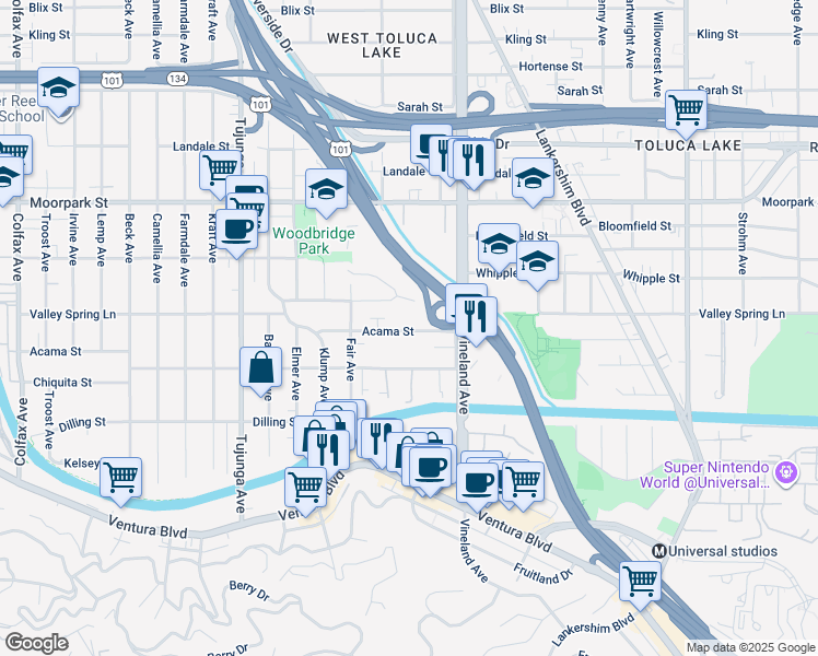 map of restaurants, bars, coffee shops, grocery stores, and more near 11120 Acama Street in Los Angeles