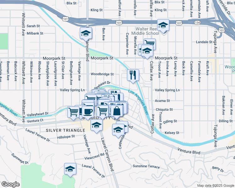 map of restaurants, bars, coffee shops, grocery stores, and more near 4121 Radford Avenue in Los Angeles