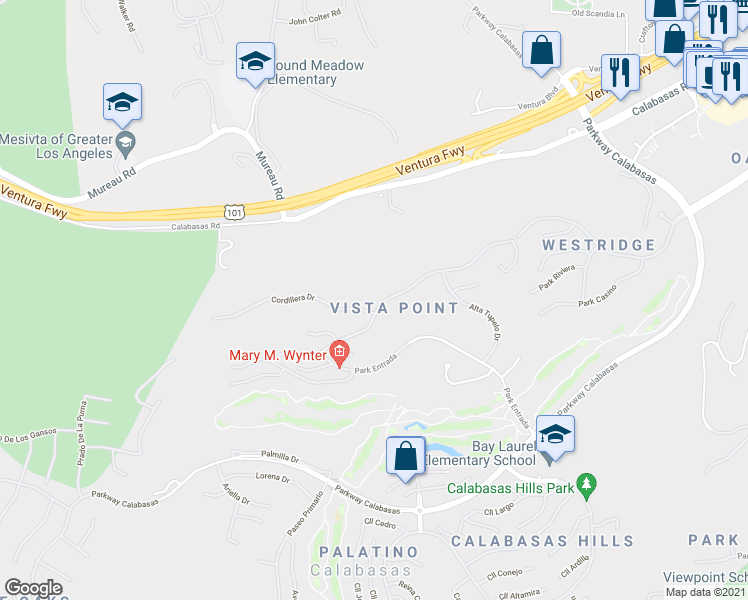 map of restaurants, bars, coffee shops, grocery stores, and more near 24492 Park Granada in Calabasas