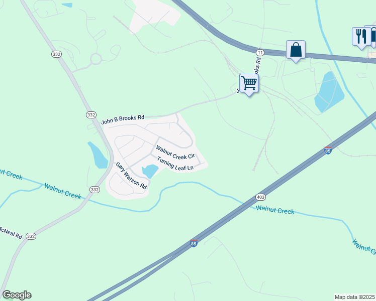 map of restaurants, bars, coffee shops, grocery stores, and more near 1151 Walnut Creek Circle in Pendergrass