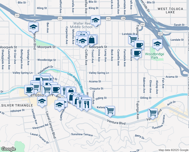 map of restaurants, bars, coffee shops, grocery stores, and more near 4222 Troost Avenue in Los Angeles