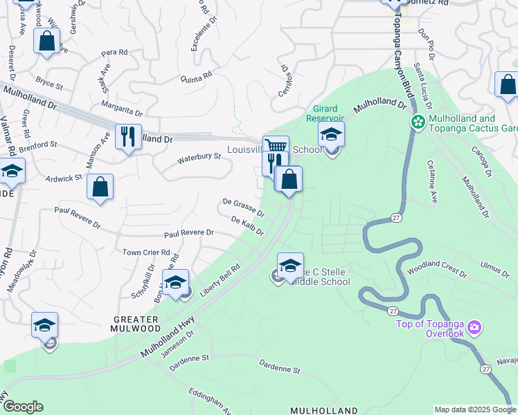 map of restaurants, bars, coffee shops, grocery stores, and more near 22335 De Grasse Drive in Calabasas