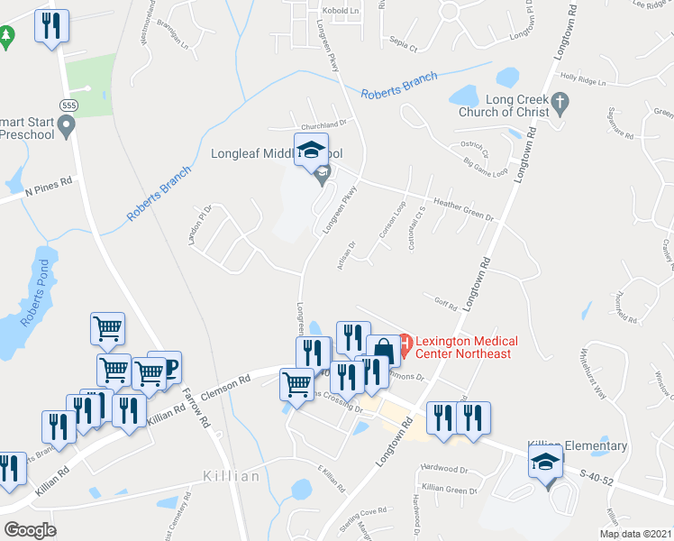 map of restaurants, bars, coffee shops, grocery stores, and more near 1105 Artisan Drive in Columbia