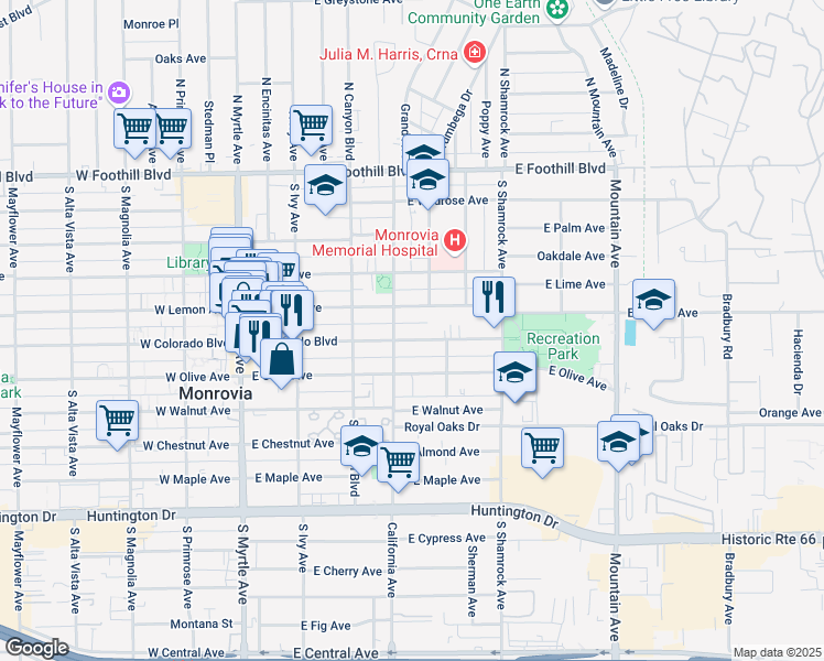 map of restaurants, bars, coffee shops, grocery stores, and more near 413 East Colorado Boulevard in Monrovia