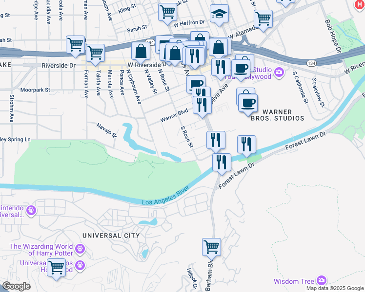 map of restaurants, bars, coffee shops, grocery stores, and more near 4212 West Franklin Avenue in Burbank