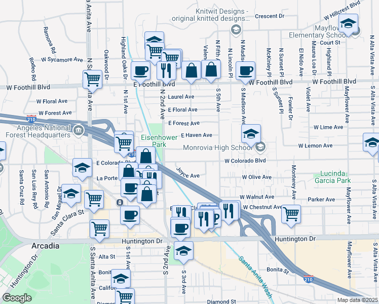 map of restaurants, bars, coffee shops, grocery stores, and more near 250 East Newman Avenue in Arcadia