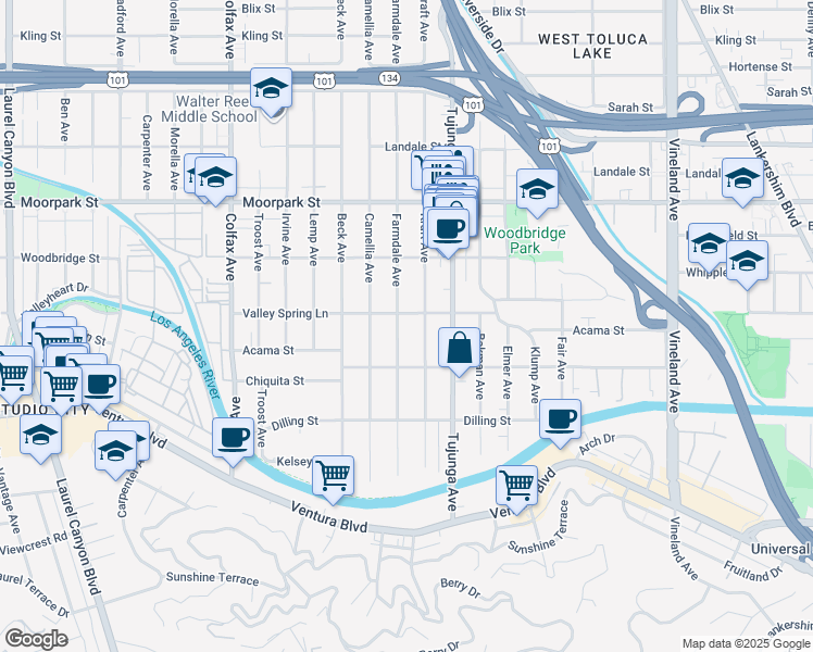 map of restaurants, bars, coffee shops, grocery stores, and more near 4246 Farmdale Avenue in Los Angeles
