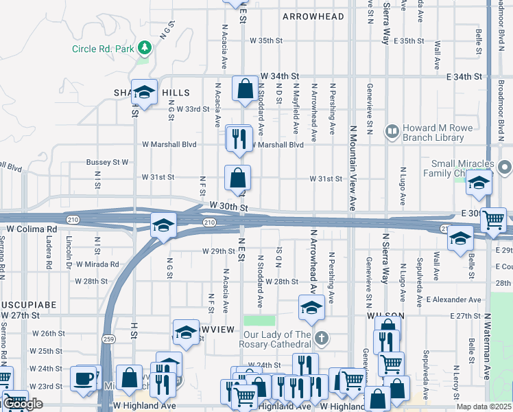 map of restaurants, bars, coffee shops, grocery stores, and more near 3016 North Stoddard Avenue in San Bernardino
