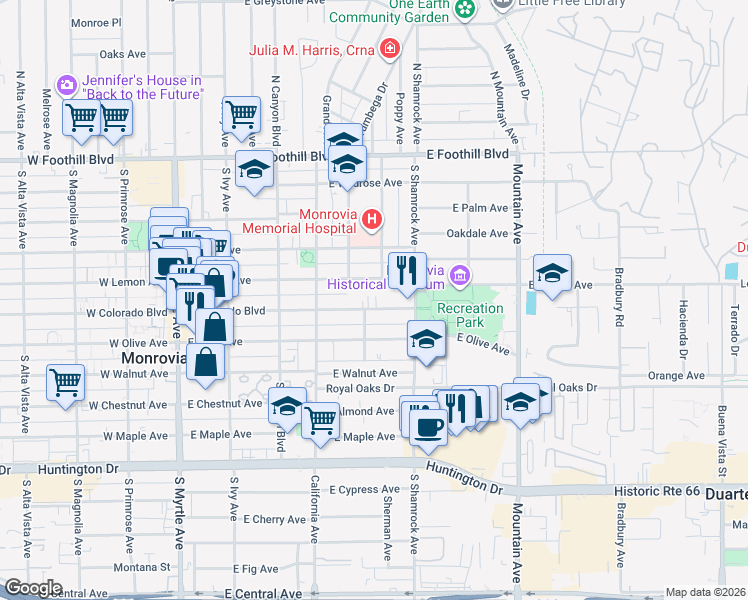 map of restaurants, bars, coffee shops, grocery stores, and more near 527 East Colorado Boulevard in Monrovia