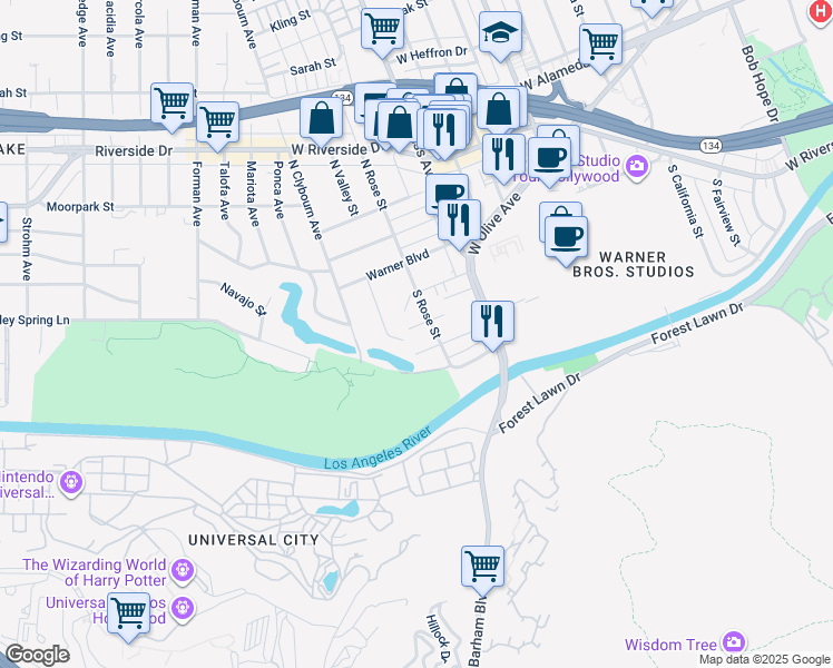 map of restaurants, bars, coffee shops, grocery stores, and more near 4212 West Franklin Avenue in Burbank