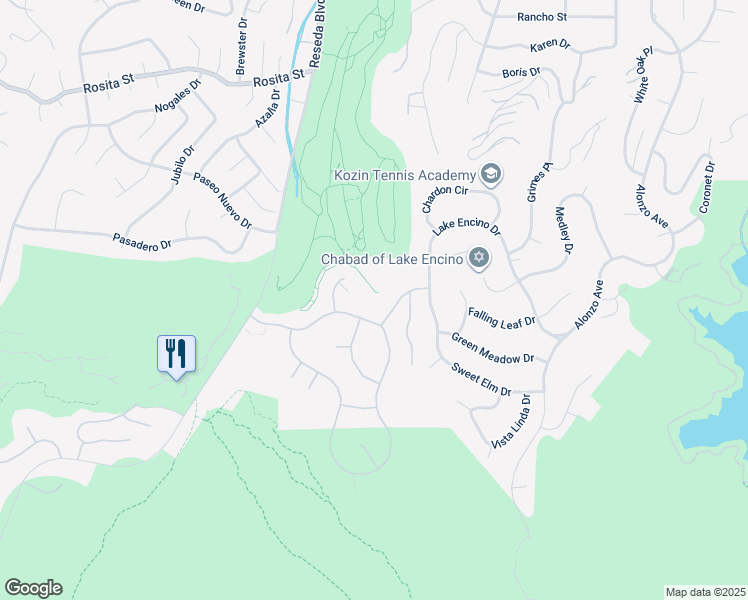 map of restaurants, bars, coffee shops, grocery stores, and more near 18419 Saint Moritz Drive in Los Angeles