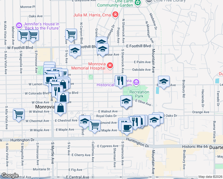 map of restaurants, bars, coffee shops, grocery stores, and more near 527 East Colorado Boulevard in Monrovia