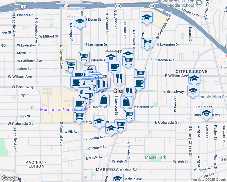 map of restaurants, bars, coffee shops, grocery stores, and more near 402 East Broadway in Glendale
