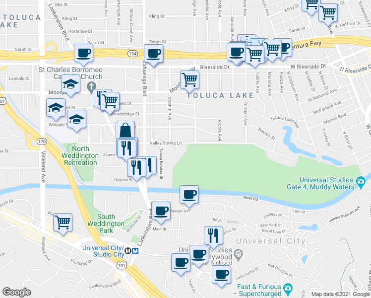 map of restaurants, bars, coffee shops, grocery stores, and more near 10424 Valley Spring Lane in Los Angeles