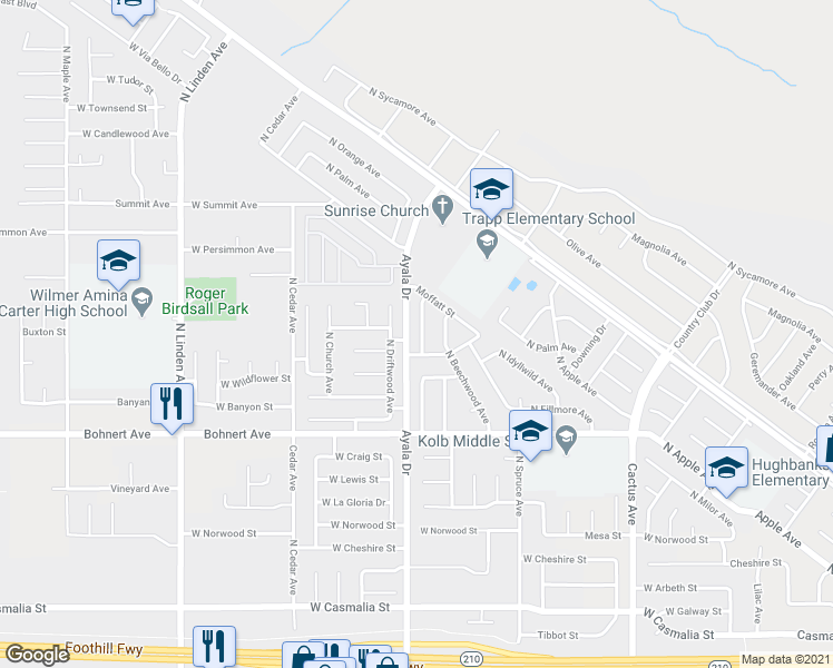 map of restaurants, bars, coffee shops, grocery stores, and more near 2544 North Glenwood Avenue in Rialto