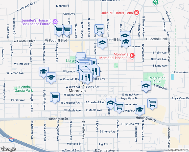 map of restaurants, bars, coffee shops, grocery stores, and more near 145 East Colorado Boulevard in Monrovia