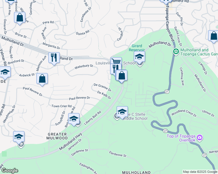 map of restaurants, bars, coffee shops, grocery stores, and more near 22335 De Grasse Drive in Calabasas