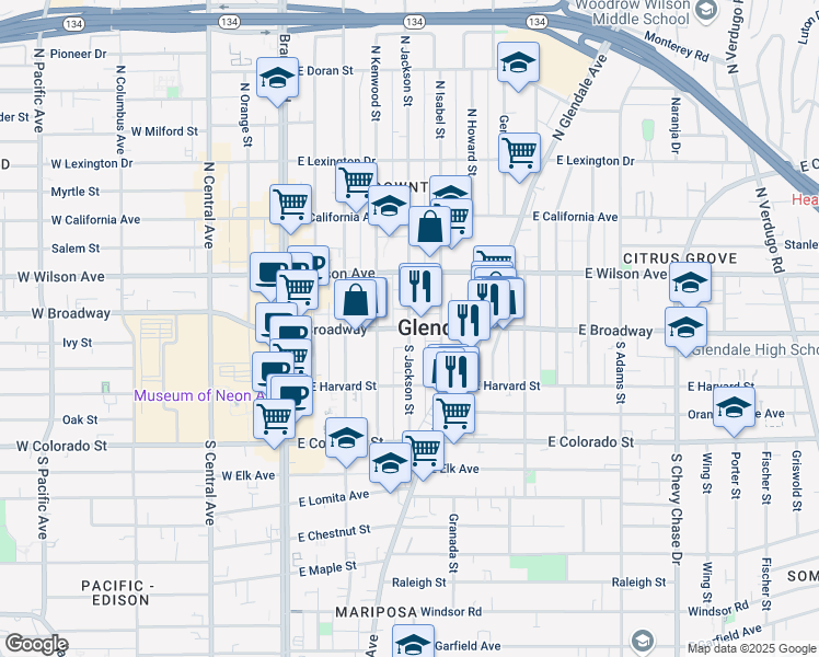 map of restaurants, bars, coffee shops, grocery stores, and more near E Broadway & S Jackson St in Glendale