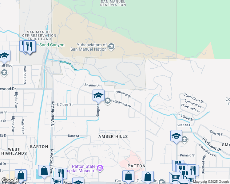 map of restaurants, bars, coffee shops, grocery stores, and more near 3098 North Central Avenue in Highland