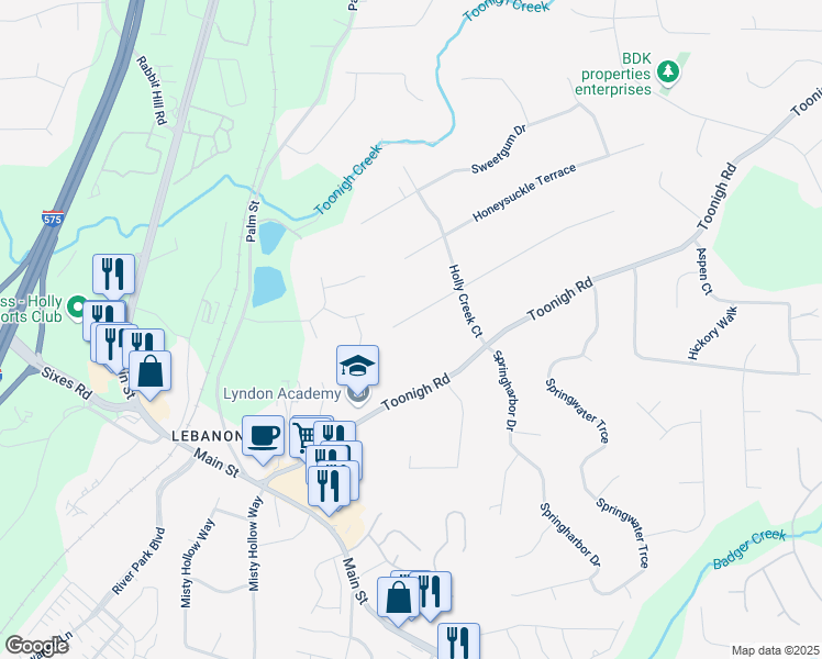 map of restaurants, bars, coffee shops, grocery stores, and more near 204 Holly Creek Way in Woodstock