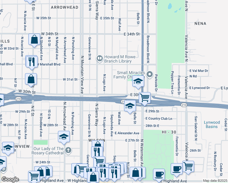 map of restaurants, bars, coffee shops, grocery stores, and more near 200 East 30th Street in San Bernardino