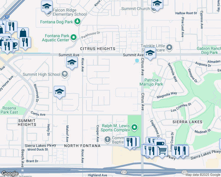 map of restaurants, bars, coffee shops, grocery stores, and more near 15686 Iron Spring Lane in Fontana