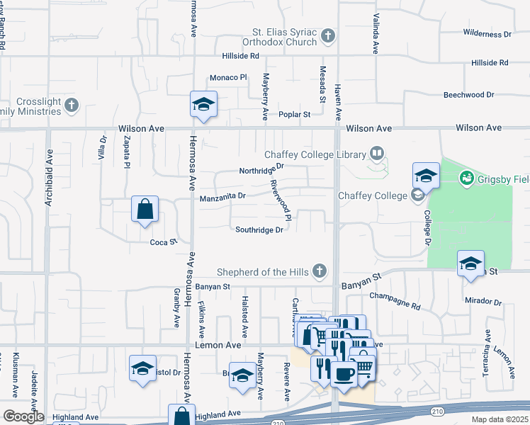 map of restaurants, bars, coffee shops, grocery stores, and more near 10285 Corkwood Court in Rancho Cucamonga