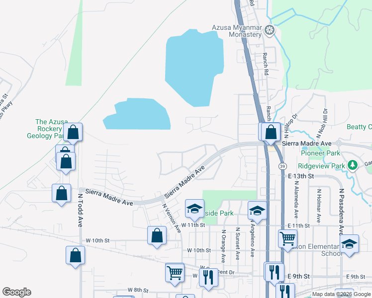 map of restaurants, bars, coffee shops, grocery stores, and more near 722 West Virginia Ann Drive in Azusa