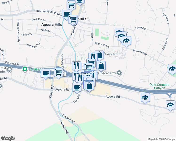 map of restaurants, bars, coffee shops, grocery stores, and more near 28901 Canwood Street in Agoura Hills