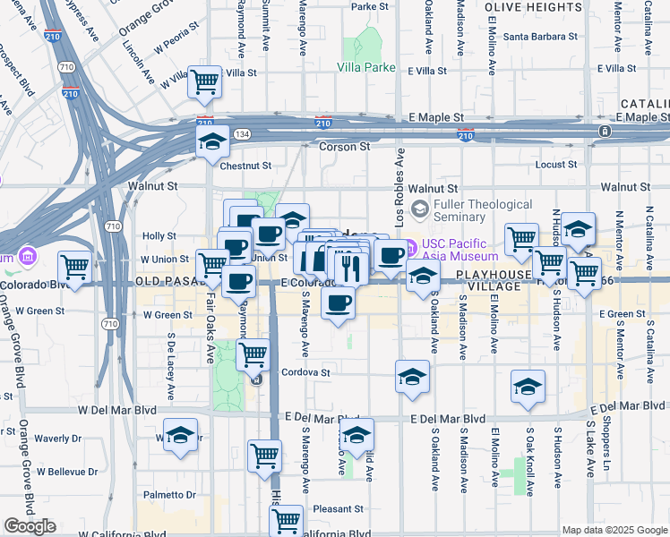 map of restaurants, bars, coffee shops, grocery stores, and more near 281 East Colorado Boulevard in Pasadena