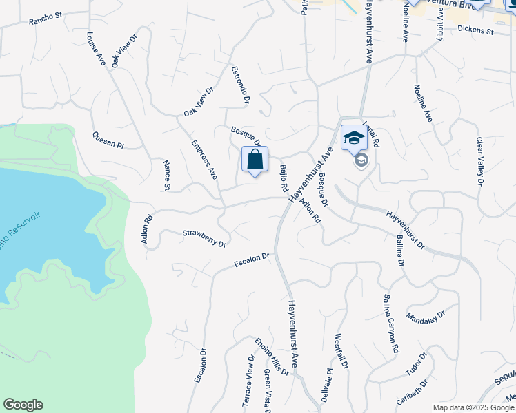 map of restaurants, bars, coffee shops, grocery stores, and more near 16810 Adlon Road in Los Angeles