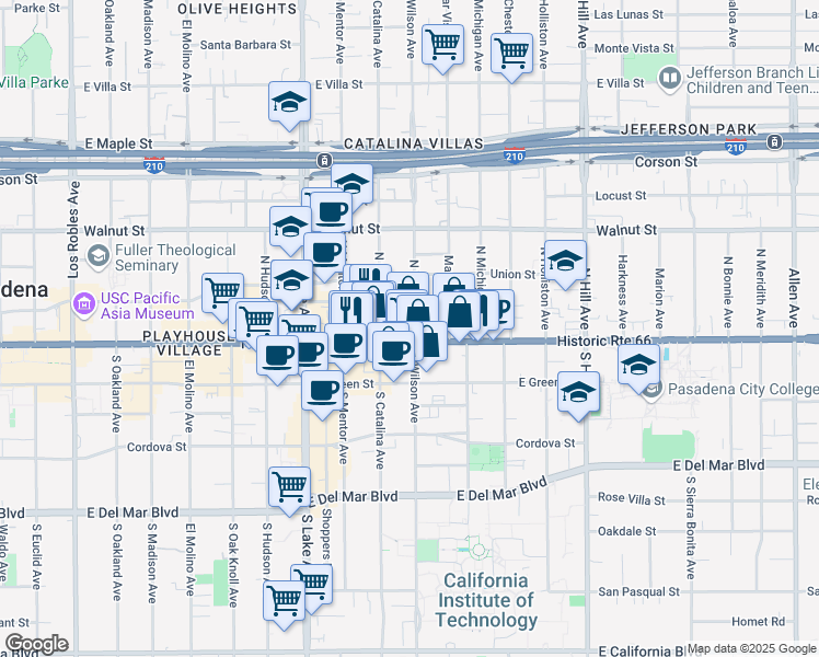 map of restaurants, bars, coffee shops, grocery stores, and more near 1055 East Colorado Boulevard in Pasadena