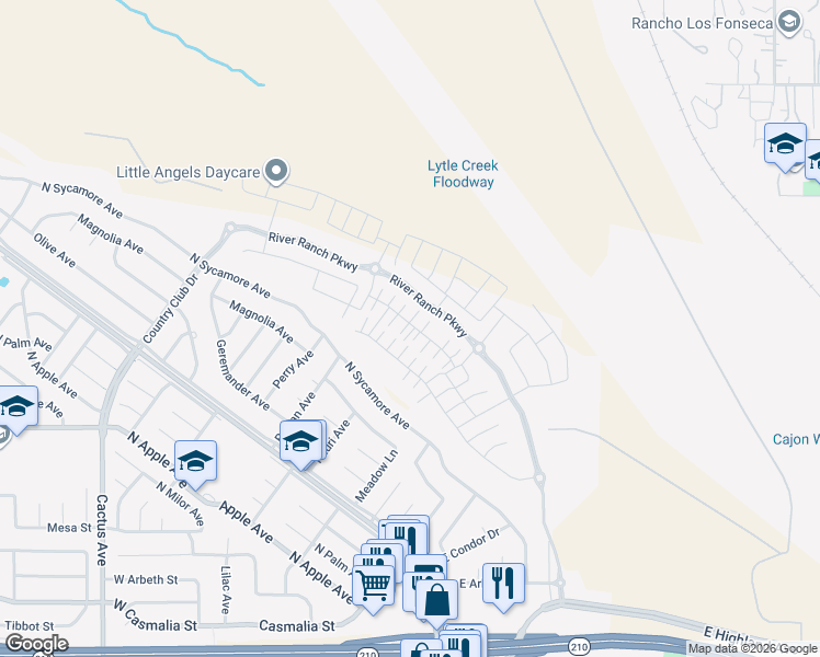 map of restaurants, bars, coffee shops, grocery stores, and more near 2498 Gunner Ridge Way in Rialto