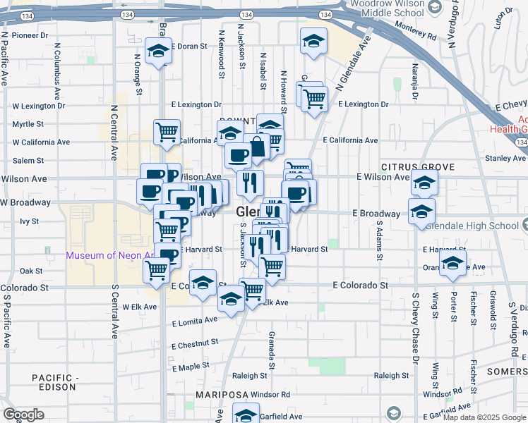 map of restaurants, bars, coffee shops, grocery stores, and more near 809 East Acacia Avenue in Glendale