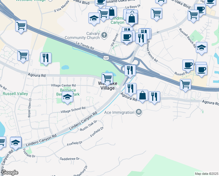 map of restaurants, bars, coffee shops, grocery stores, and more near 31552 Agoura Road in Westlake Village