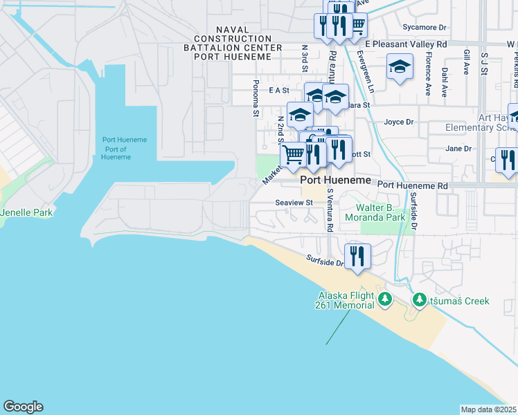 map of restaurants, bars, coffee shops, grocery stores, and more near 131 Seaspray Way in Port Hueneme