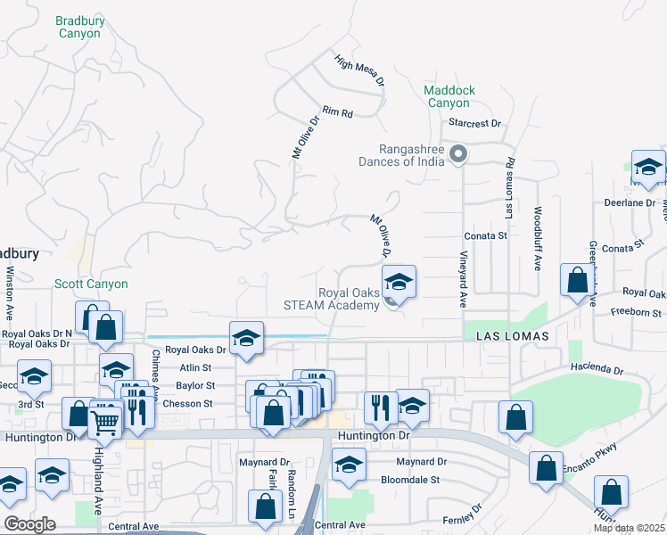 map of restaurants, bars, coffee shops, grocery stores, and more near 585 Mount Olive Drive in Bradbury