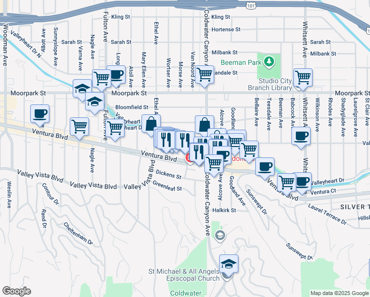 map of restaurants, bars, coffee shops, grocery stores, and more near 12958 Valleyheart Drive in Los Angeles