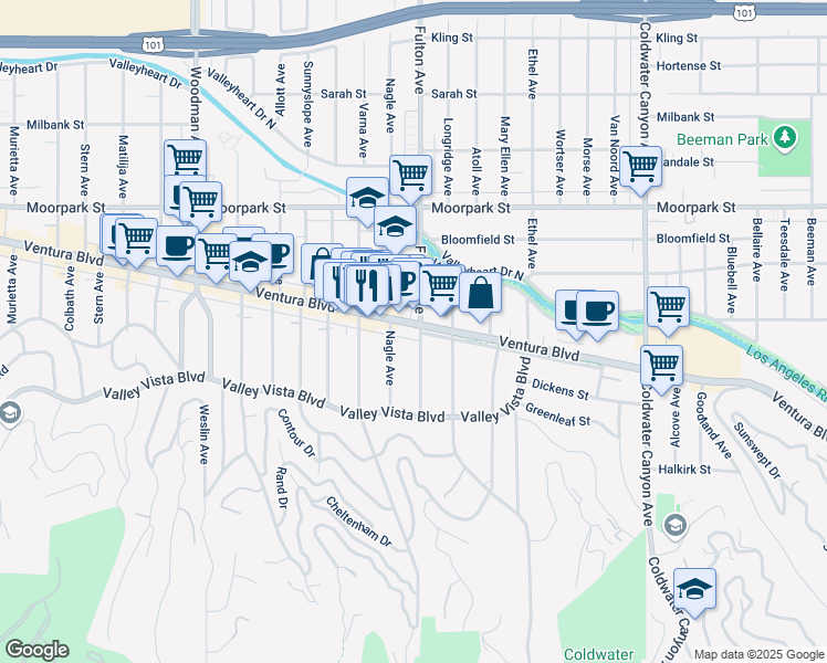 map of restaurants, bars, coffee shops, grocery stores, and more near 4172 Nagle Avenue in Los Angeles